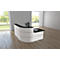 Modern white reception desk with black surface, office chair in front. Bright room with wooden floor and window.