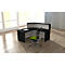 Black reception desk with chair in front of a light background, a book lies on the table.