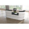 White reception desk with black shelf, behind it an office chair in front of a window.