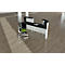 Black and white desk, green office chair. A book lies on the tabletop. Light wooden parquet. Light and shadow.