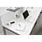 White desk with laptop, notebook, pen, mobile phone, and office supplies.
