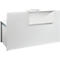 White reception desk with small shelf. Modern design.