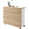 A mobile bar table with espresso machine, cups, wood look and castors.