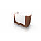 A brown rectangular reception desk with a white front, on a white background.