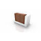 A modern reception desk with a wood look against a white background.