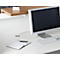 Desk with monitor, keyboard, notebook, and pen. A business card rests on a shelf.