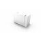 White reception desk, perspective view against white background. Simple design, clean lines.
