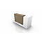A white reception desk with a brown countertop.