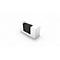 White reception desk with black insert. Minimalist design on white background.