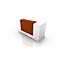 White reception desk with a brown front and top. It stands on a white surface and has a reflective surface.