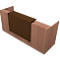 Detail shot of a brown, rectangular metal element attached to a wooden frame.