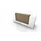 Modern reception desk in white and brown with angled surface.