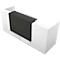 White reception desk with black tabletop.