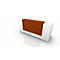 White reception desk with a brown front, set against a white background with reflection.