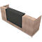 Wooden construction with black element, perspective view. The construction consists of light brown wood and a black, rectangular element.