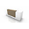 White reception desk with brown shelf. Simple, modern design, against a white background.