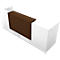 White reception desk with brown front panel.