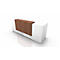White reception desk with wood paneling. The wood is cross-grained and the top is designed as a counter.