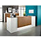 Modern reception desk in white and wood look with lighting. Office with cabinet wall in the background.