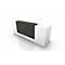 White reception desk with black top, on a white background. The surface is glossy.