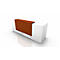 White reception desk with a brown front panel. The desk stands in front of a light background.