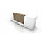 A white reception desk with a brown, slightly overhanging front. The counter stands on a white background.
