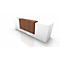White reception desk with brown wood paneling. It stands against a bright background.