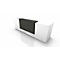 White reception desk with a black front, slightly angled, with reflection on a white background.