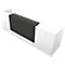 White reception desk with black trim. Perspective view, slightly from above.