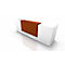 A modern reception desk, white with a brown accent.