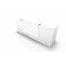 White reception desk with minimalist design against a white background.