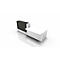 White reception desk, partially black, in front of a light background.