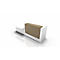 Modern reception desk in white and brown, with a large counter.