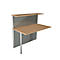A modern desk with gray panels, a light wood top, and a shelf.
