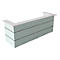 Light gray reception desk with white shelves and gray accents. Three horizontal compartments. Angular shape.