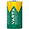A cylindrical VARTA Recharge Accu battery. Green and yellow design with text, plus signs, and the text '3000mAh'.