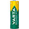 A green and yellow Varta Recharge Accu battery with text. The battery says "Varta Recharge Accu" and "Power 2100mAh".