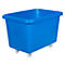 Blue transport box on wheels. Rectangular shape with rounded edges. Four wheels.