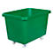 Green plastic transport crate with four wheels. Rectangular shape, open top.