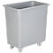 Gray, rectangular transport box with wheels. Top edge with a small border. Box stands on four small wheels.