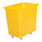 Yellow transport box with wheels. Rectangular, open container.
