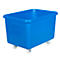 Blue transport box on wheels. Rectangular shape, open top.