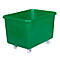 Green transport box with wheels. Rectangular shape, recessed handles on the sides.