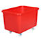 Red plastic box on wheels, rectangular, for storage and transport.