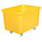 Yellow rectangular transport box with wheels, against white background.