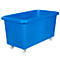 Blue plastic tub on wheels, rectangular, with edge.