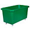 Green plastic tub with wheels. Open at the top, rectangular shape. On a white background.