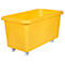 Yellow plastic box on wheels. Rectangular shape with slightly overlapping edge.