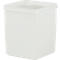 Square, white plastic box with lid. Rectangular shape with rounded edges, slightly transparent.