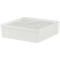 A rectangular, white plastic box with a lid. The lid rests loosely and overlaps the box edges.